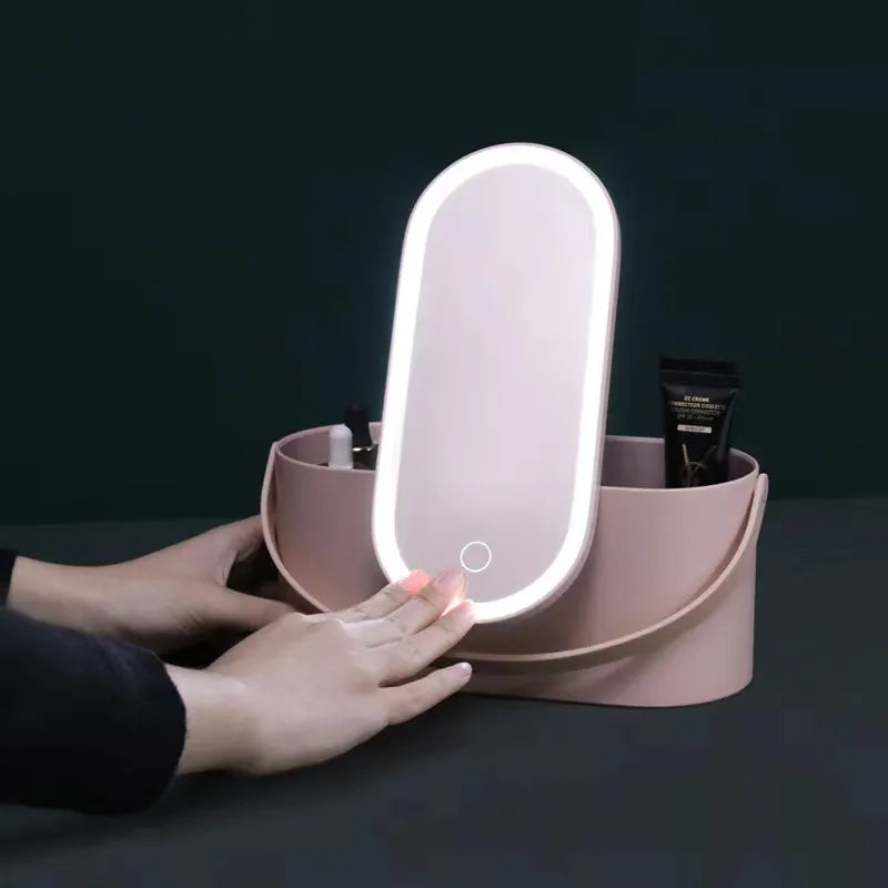 Organizador de maquiagem portátil com espelho e luz Led